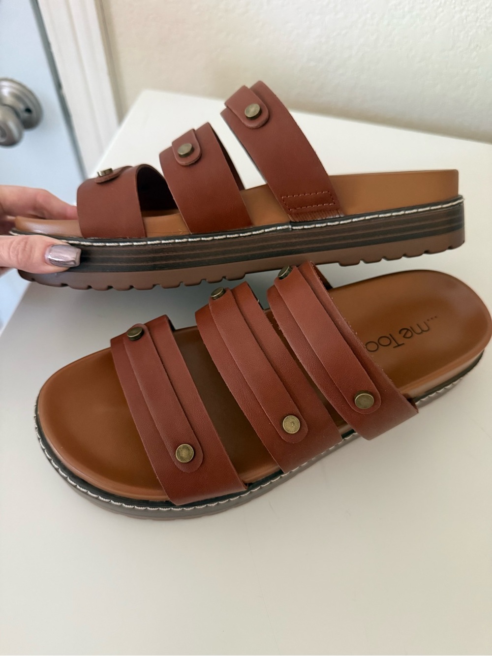 me too Brown Triple-Strap Slide Sandals